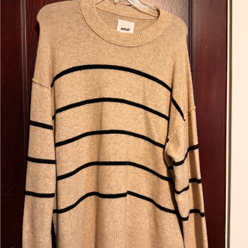 Aerie Tan and Black Striped Knit Crew Sweater